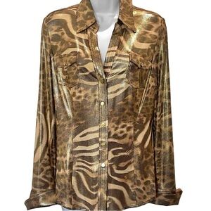 Cache Animal Print Gold Shimmer Ling Sleeve fitted blouse size medium
